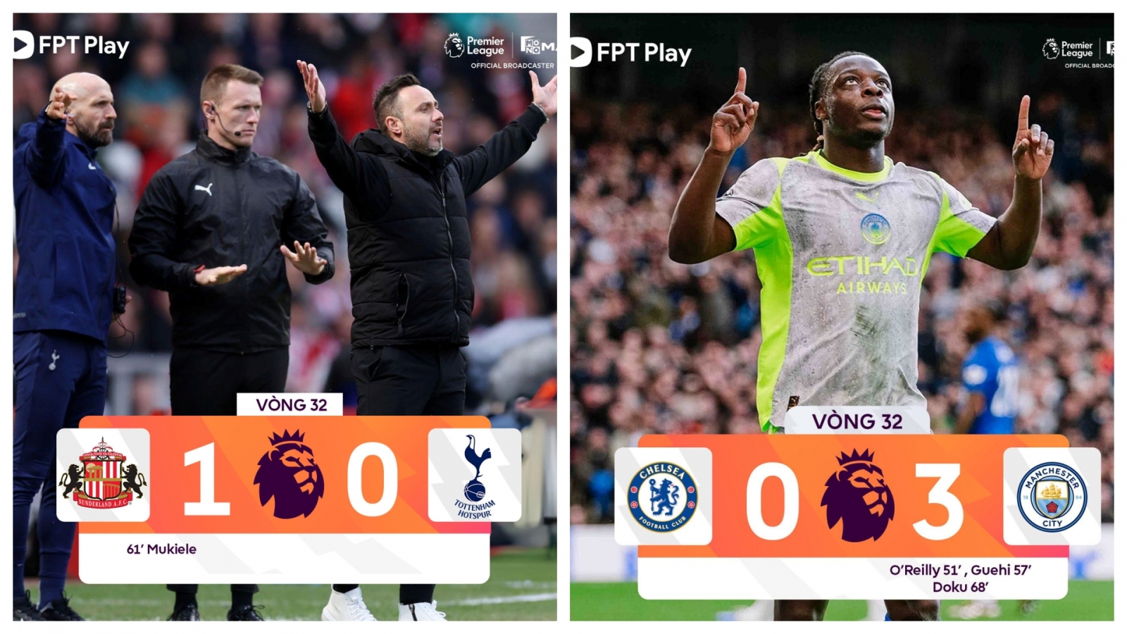 Kết quả vòng 32 Ngoại hạng Anh 25/26: Man City thắng đậm, Tottenham nguy to