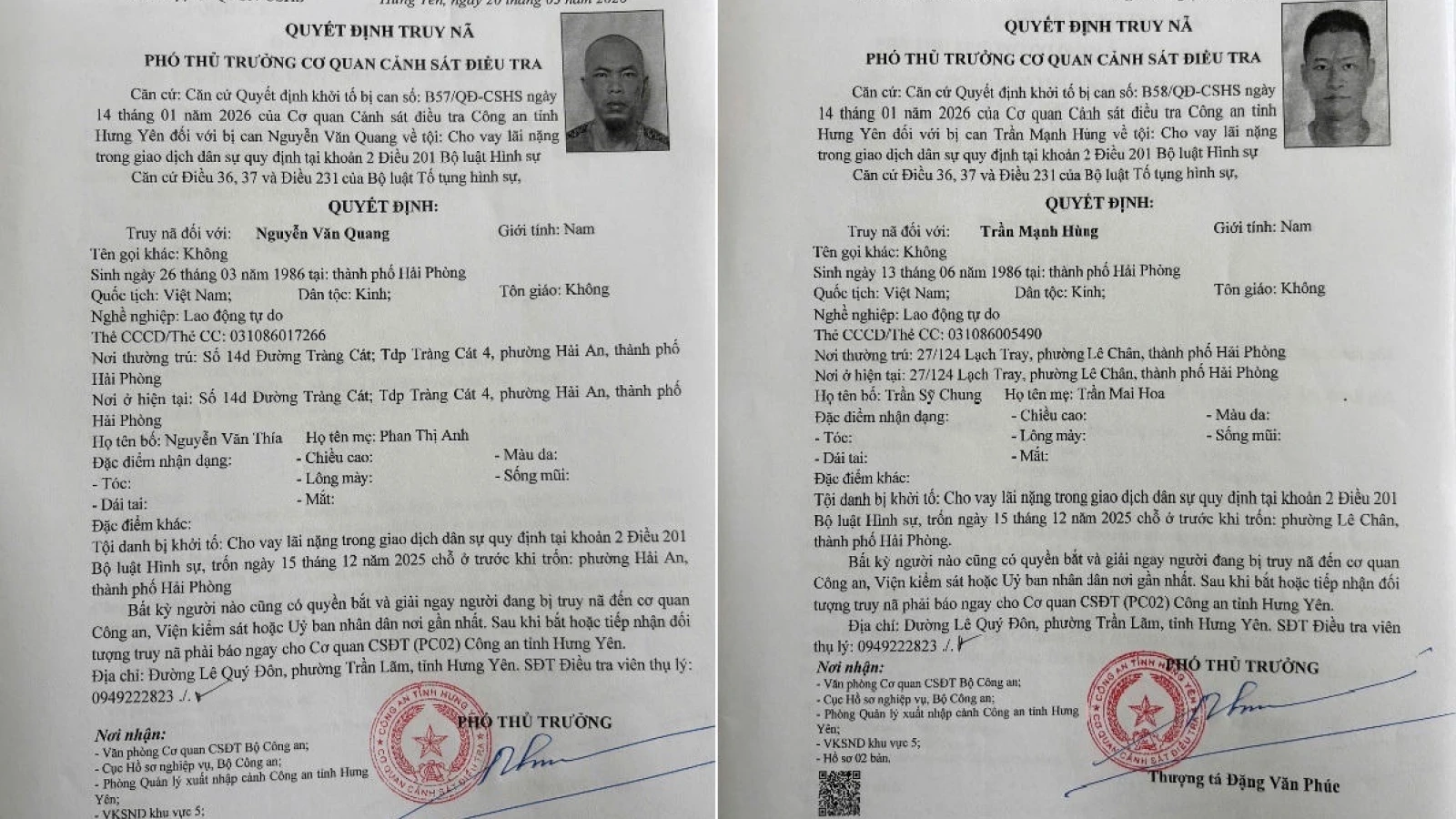 Công an tỉnh Hưng Yên kêu gọi 2 đối tượng truy nã ra đầu thú