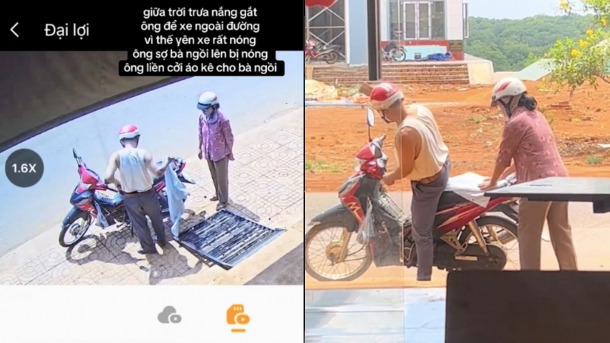 Cụ ông cởi áo che yên xe để vợ ngồi không bị nóng, dân mạng khen rần rần