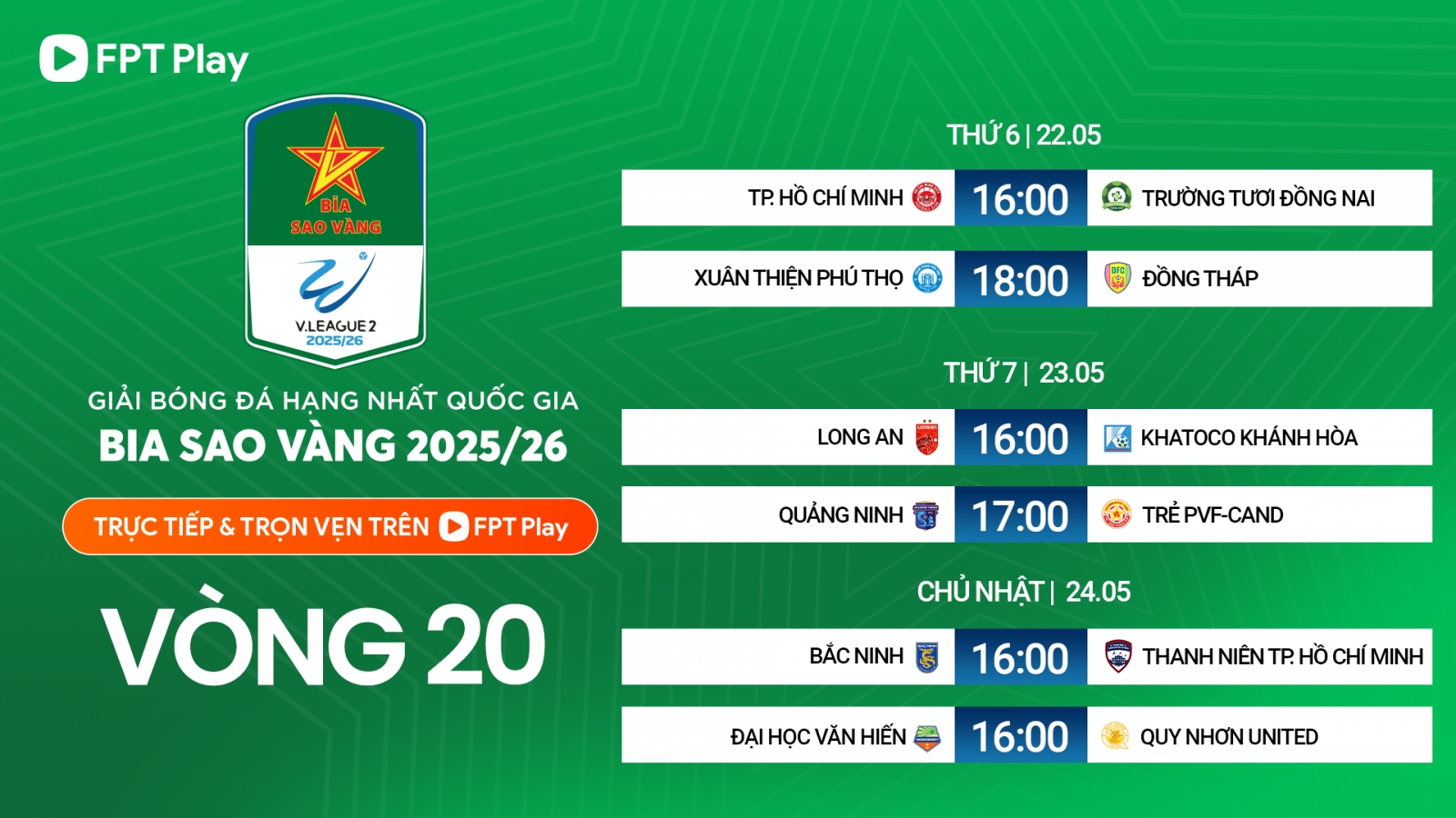 Lịch thi đấu vòng 20 Giải Hạng Nhất Quốc gia 2025/2026: Đồng Nai lên V-League?