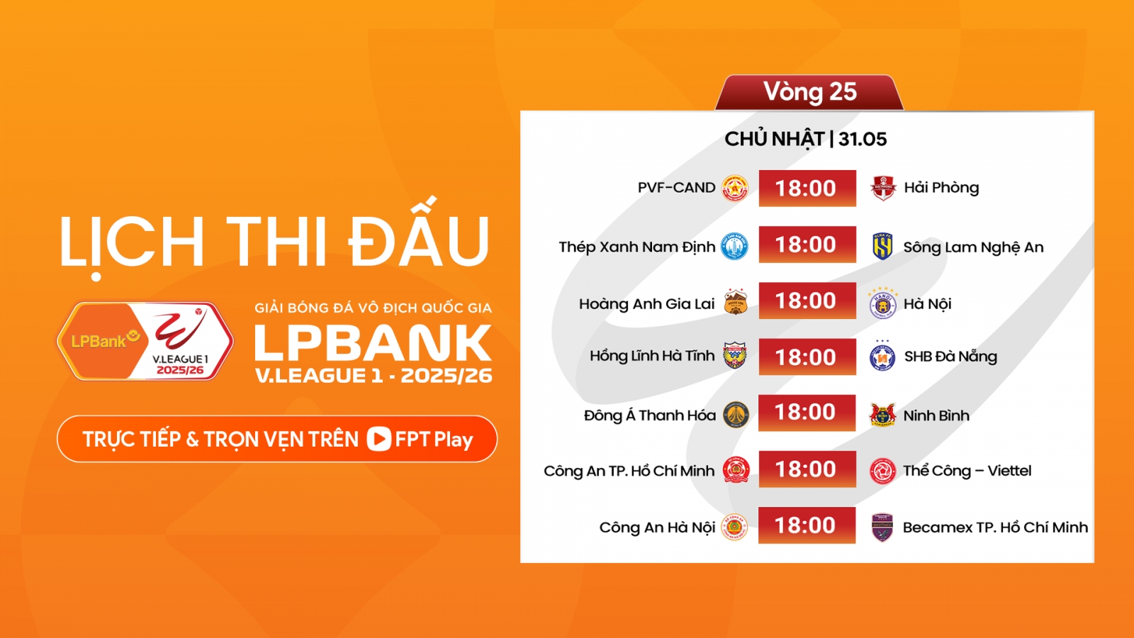 Lịch thi đấu vòng 25 V-League 2025/2026: Tâm điểm ở phố Núi
