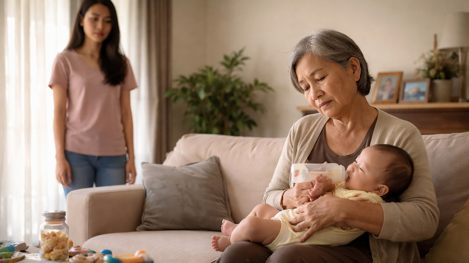 Bà đi bế cháu, ông ngang nhiên đưa gái về nhà