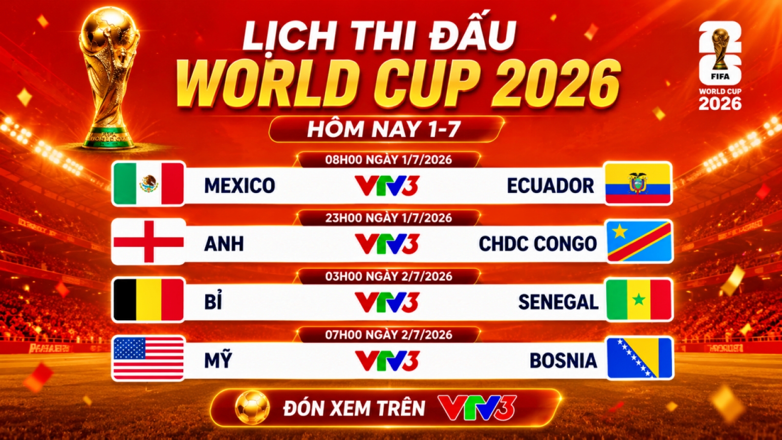 Lịch thi đấu và trực tiếp World Cup 2026 hôm nay 1/7: Anh, Bỉ, Mỹ ra trận