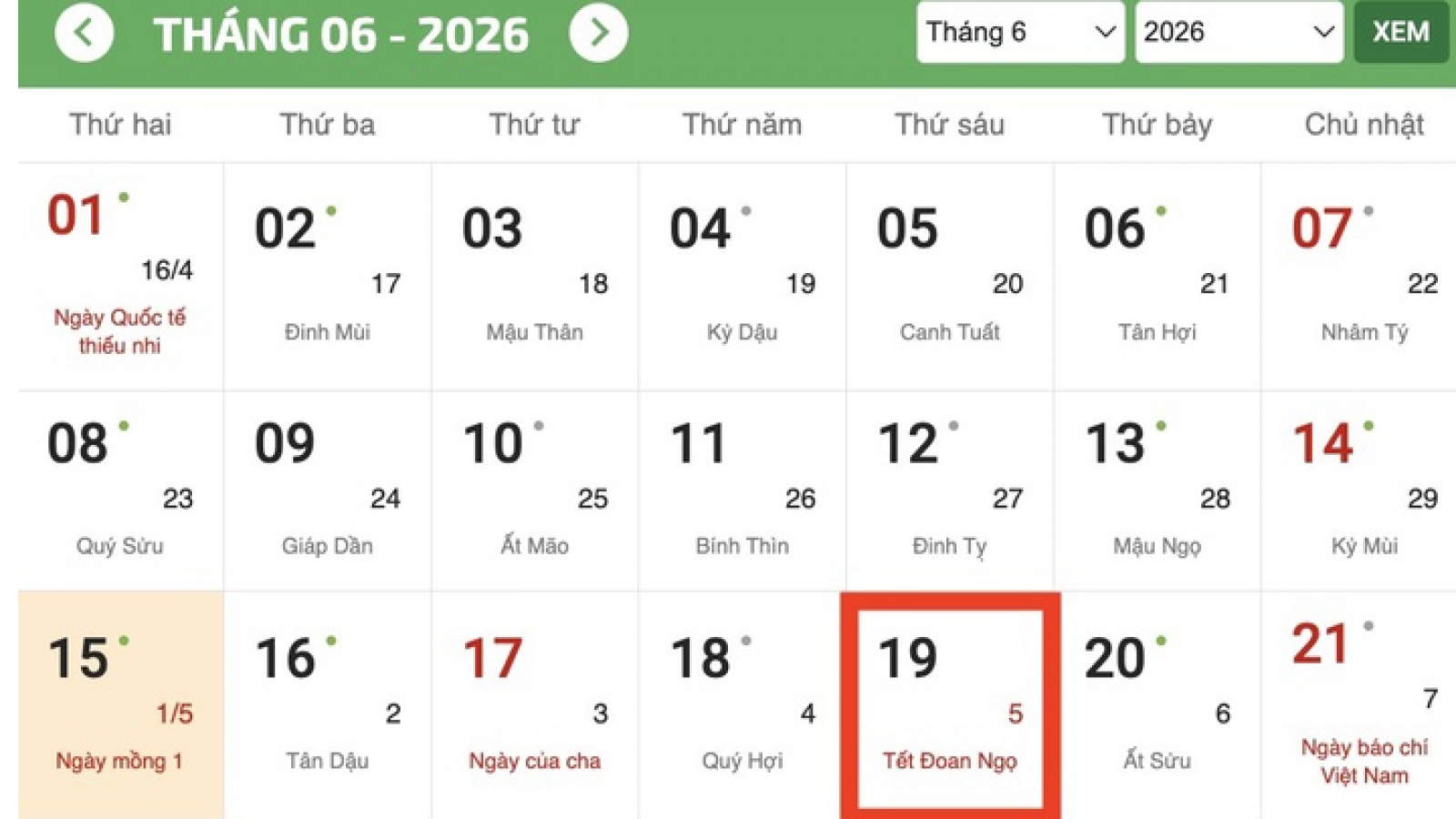 Tết Đoan ngọ 2026 là ngày nào theo Dương lịch?