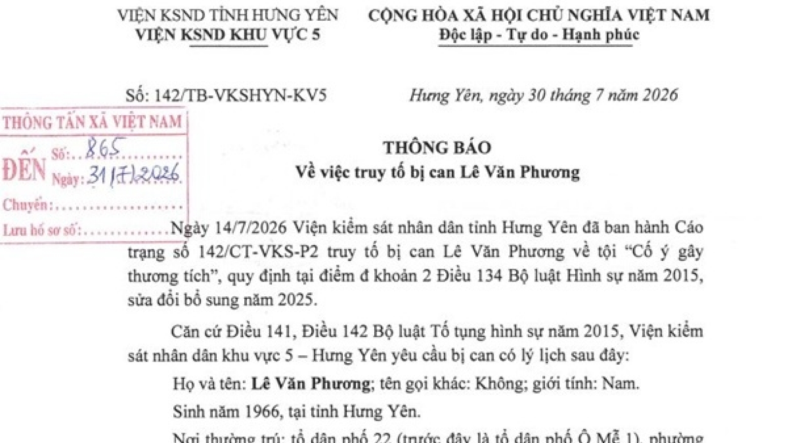 Truy tố bị can Lê Văn Phương về tội cố ý gây thương tích