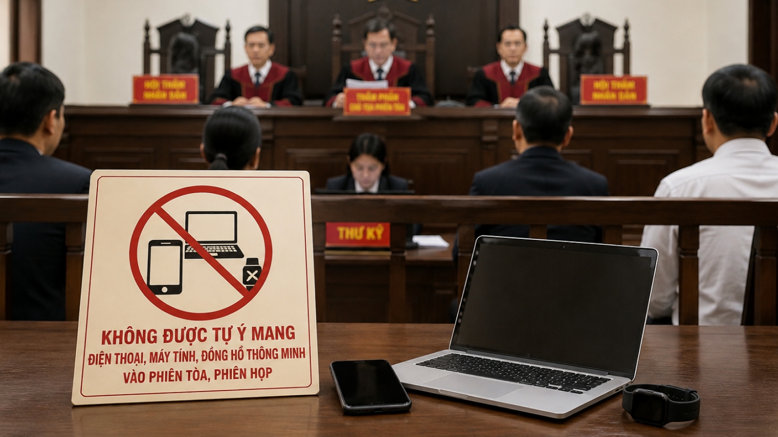 Không được mang laptop, điện thoại, đồng hồ thông minh vào phiên tòa từ 1/8