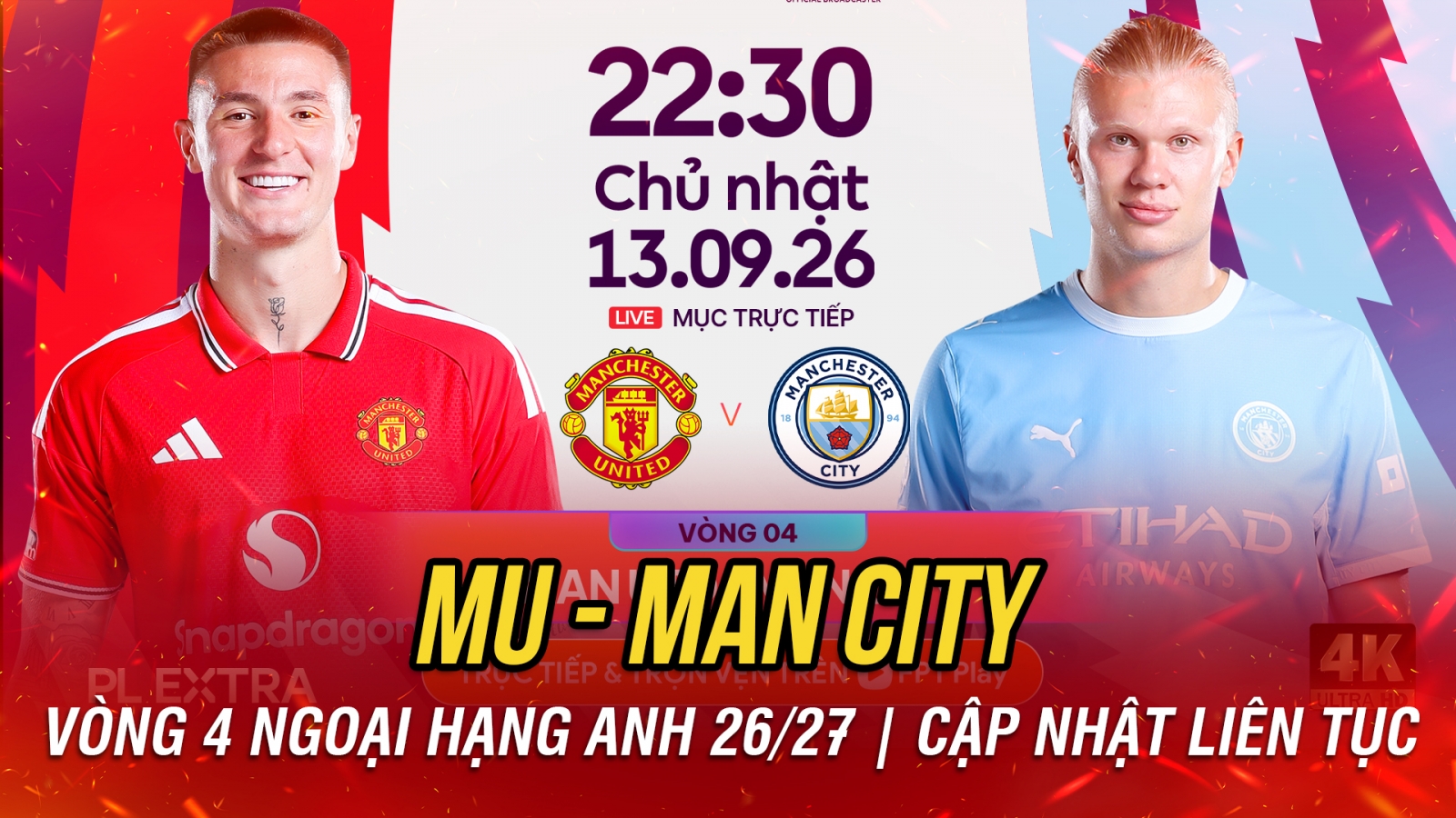 Trực tiếp MU vs Man City vòng 4 ngoại hạng Anh 2026/27: Trận derby kịch tính
