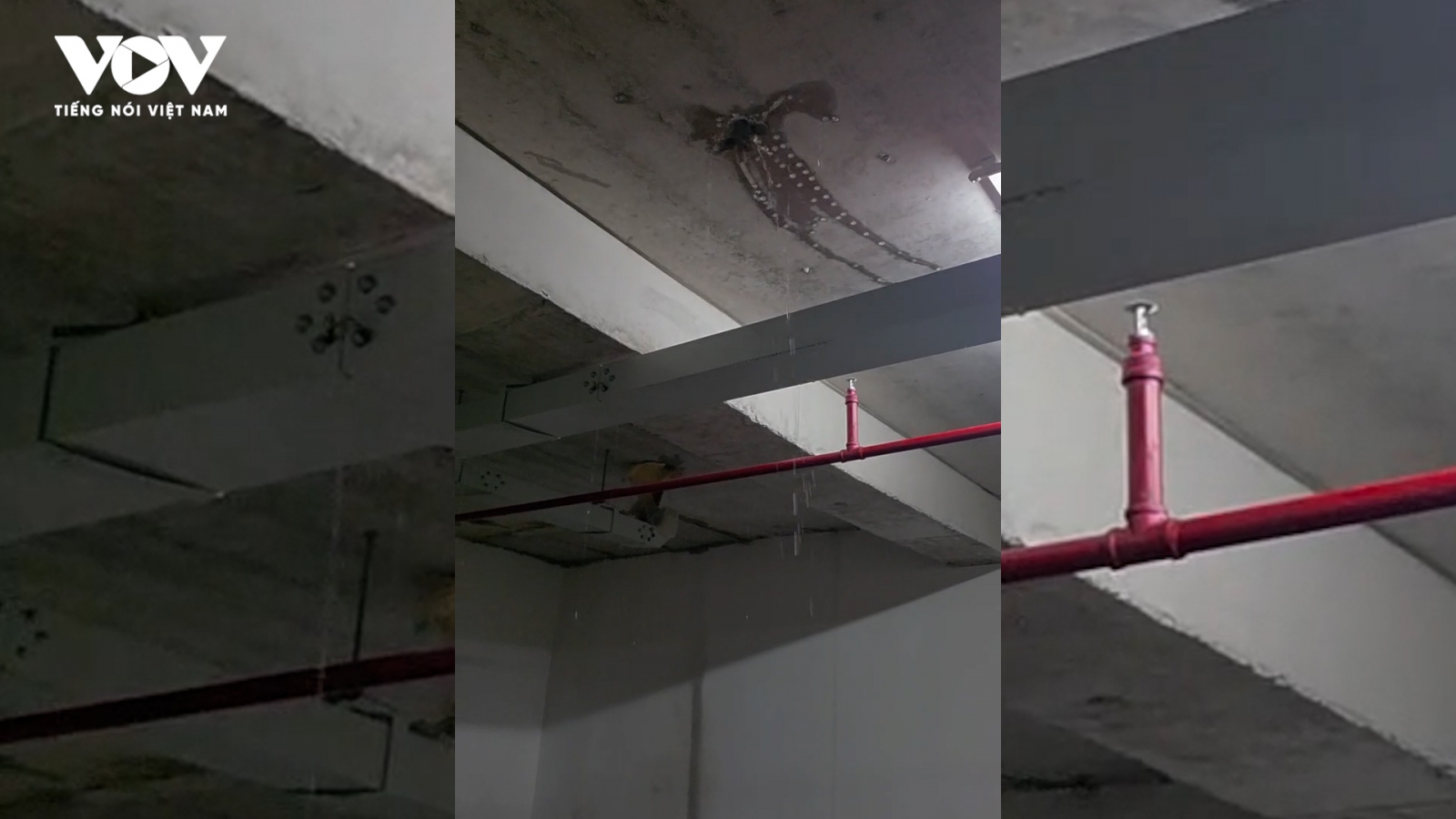 Nước rỉ qua trần hầm B2 Stown Tham Lương sau mưa lớn, cư dân lo lắng