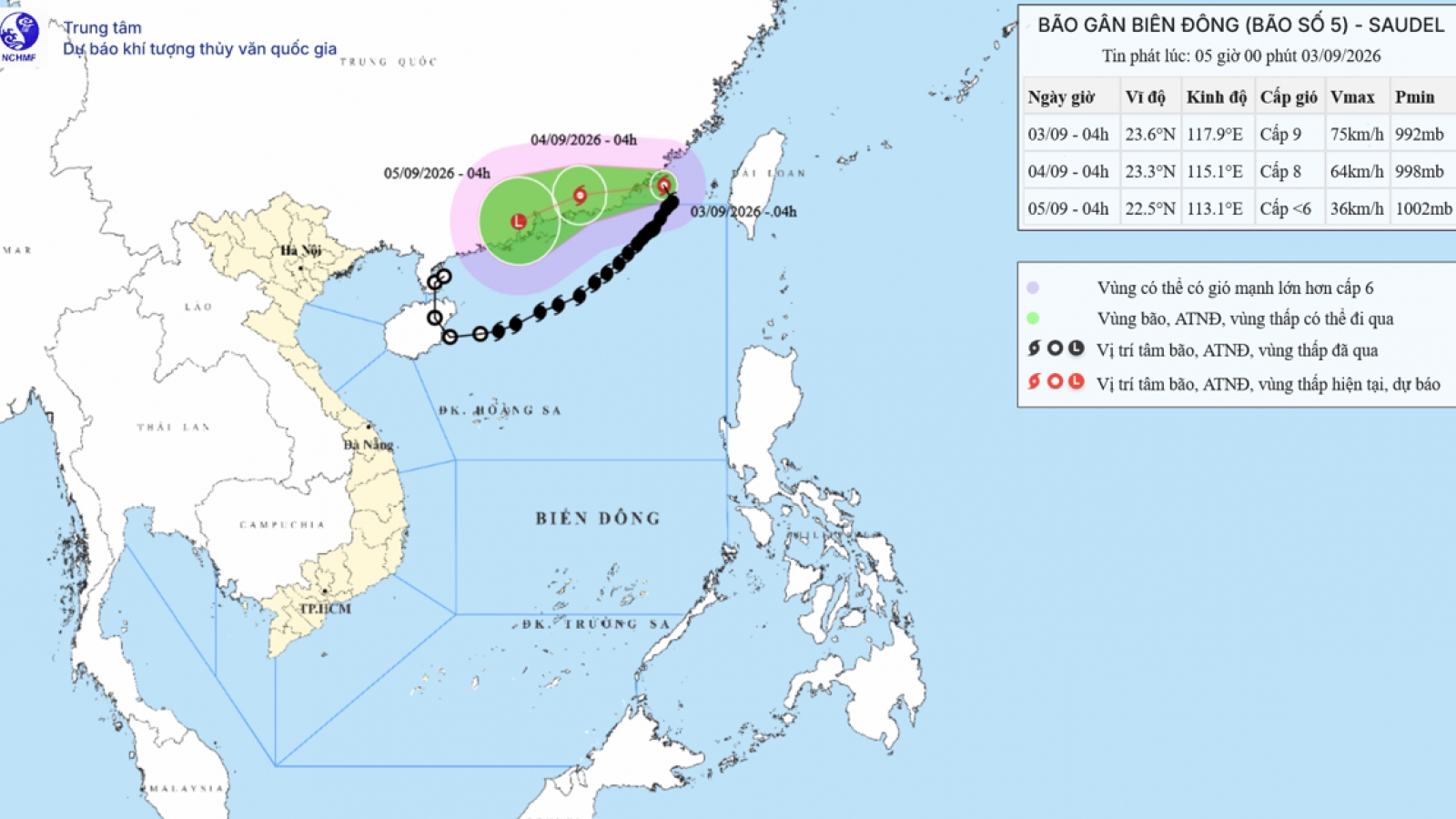 Bão số 5 di chuyển lên phía Bắc, đi ra ngoài Biển Đông