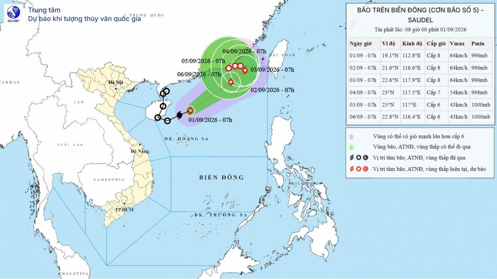 Bão số 5 SAUDEL mạnh cấp 8, giật cấp 10 trên Biển Đông