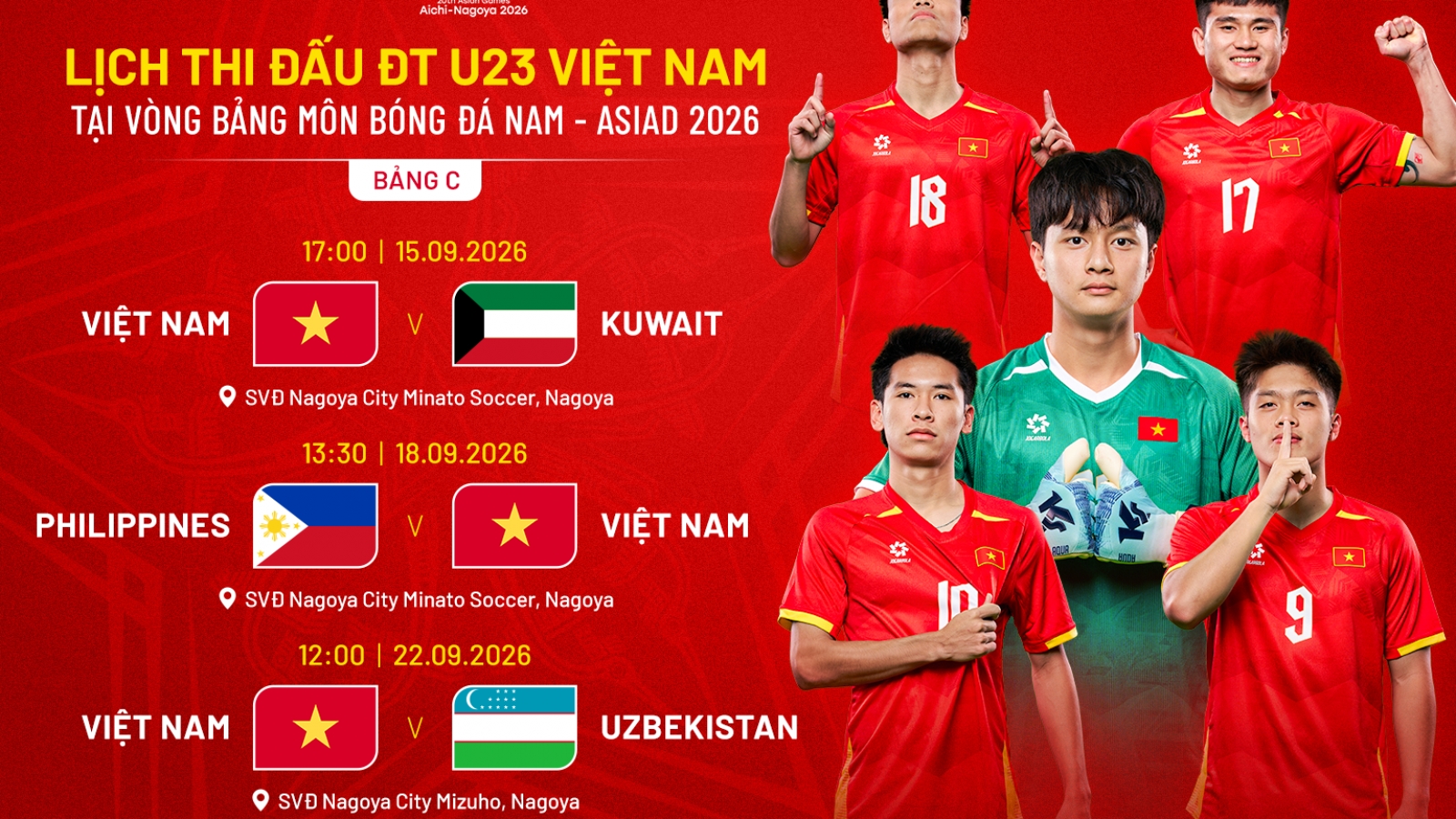 Lịch thi đấu của U23 Việt Nam tại ASIAD 2026