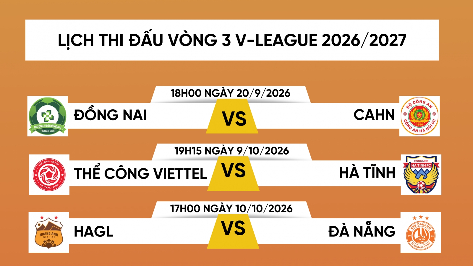 Lịch thi đấu vòng 3 V-League 2026/2027: Cơ hội cho HAGL và Hà Nội FC