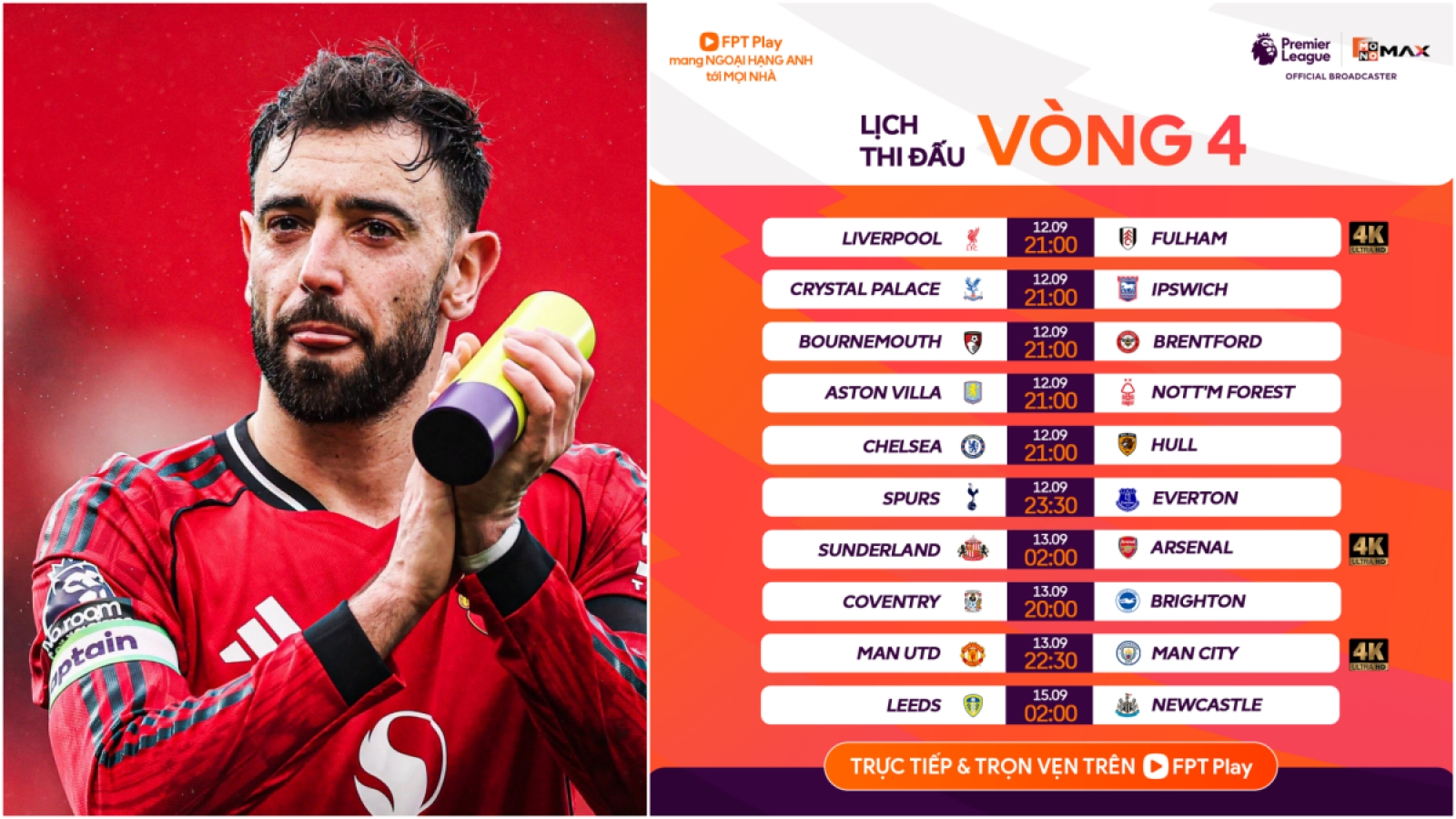 Lịch thi đấu vòng 4 Ngoại hạng Anh 2026/2027: MU đại chiến Man City