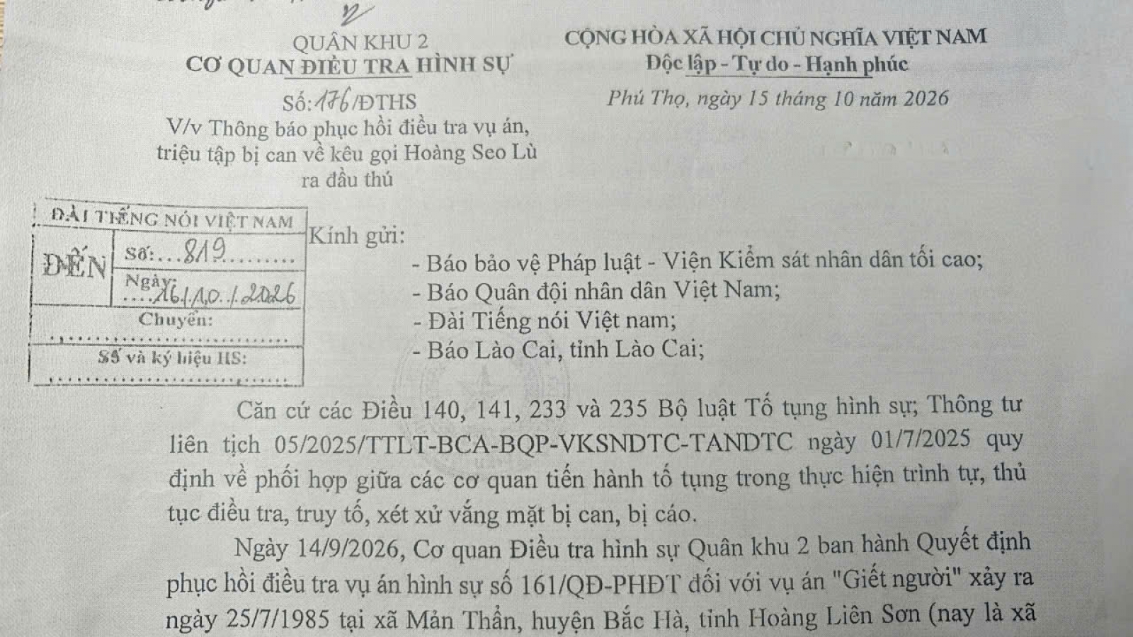 Quân khu 2 phục hồi điều tra vụ án "Giết người" xảy ra năm 1985 tại Lào Cai