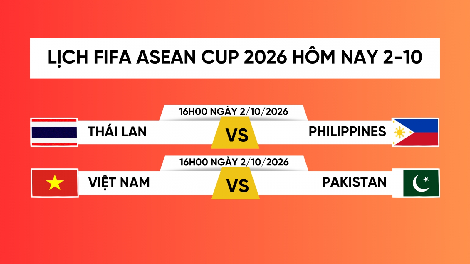 Lịch thi đấu FIFA ASEAN Cup 2026 hôm nay 2/10: Việt Nam gặp Pakistan
