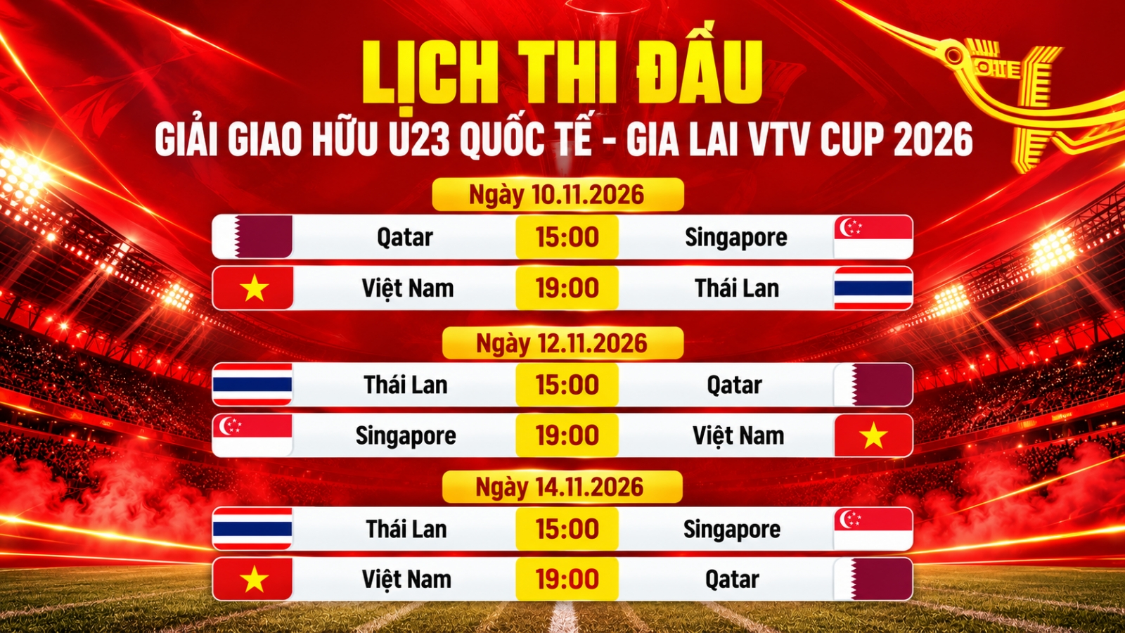 Lịch thi đấu U23 Việt Nam tại Gia Lai VTV Cup 2026 mới nhất