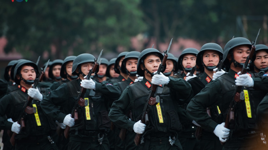 Police officers practise for military parade 