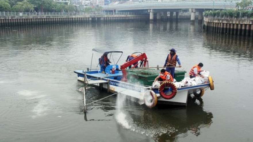 HCM City pours treatment chemicals into canal filled with dead fish