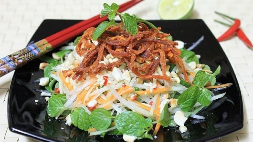 Try dried beef salad in downtown Hanoi