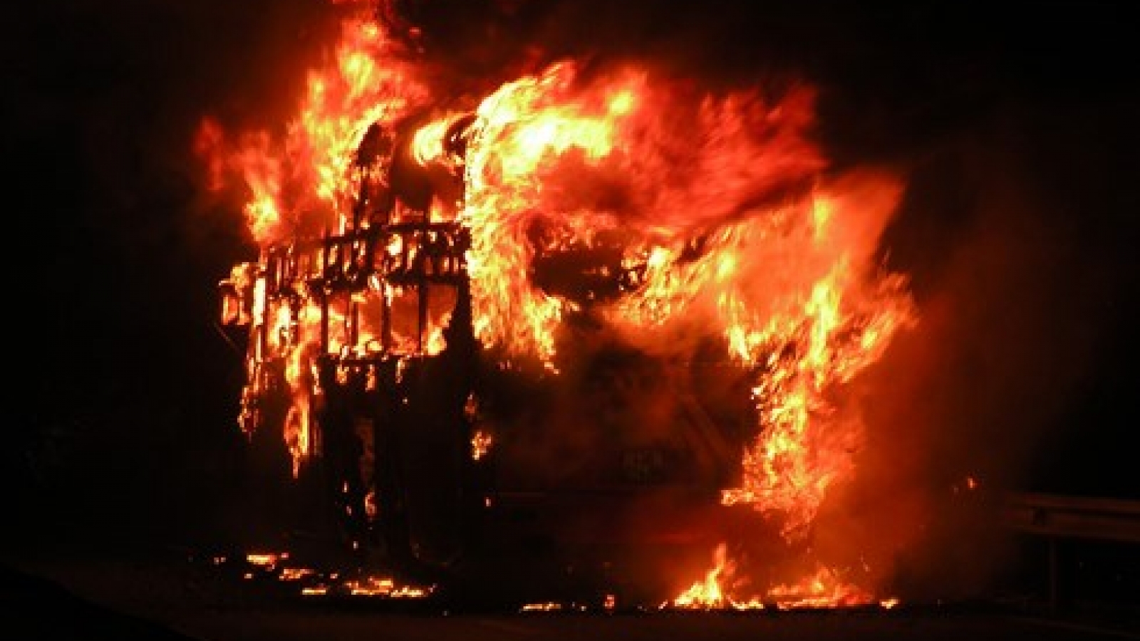 Bus reduced to charred metal after catching fire in central Vietnam