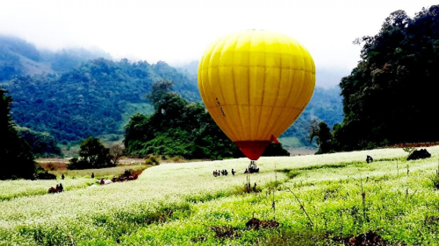 Hot-air balloons offer passengers a panoramic view of Moc Chau plateau