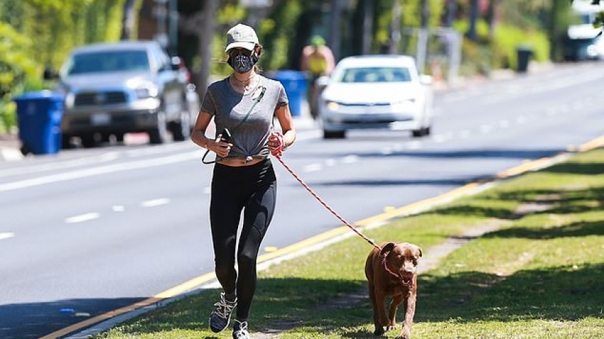 “Chân dài” Alessandra Ambrosio đeo khẩu trang kín mít, dắt thú cưng đi dạo