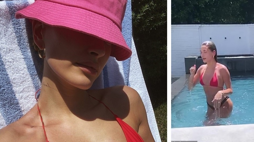 Vợ Justin Bieber mặc áo tắm gợi cảm, khoe body săn chắc bên bể bơi
