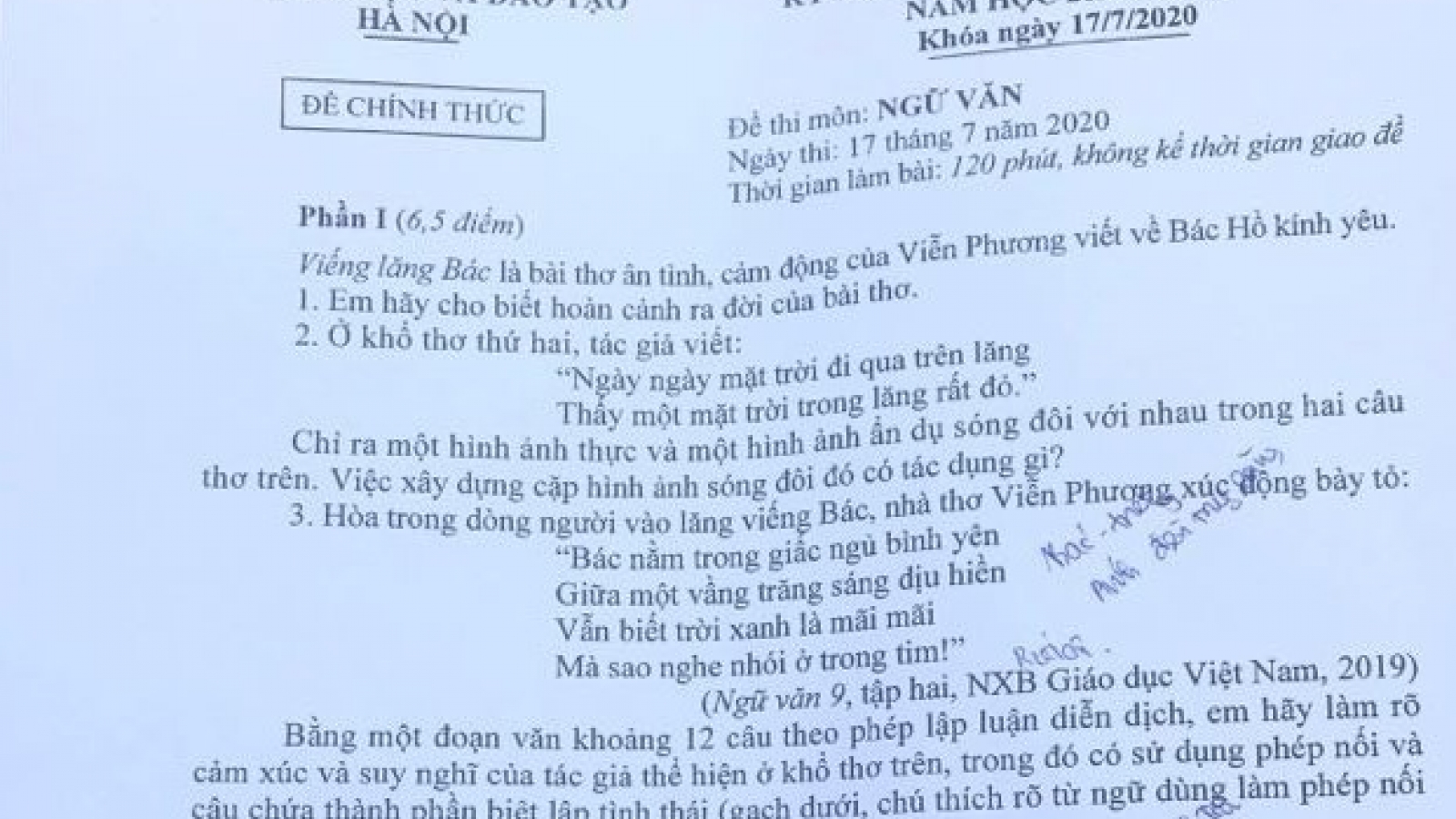 Đề thi Ngữ văn vào lớp 10 THPT công lập tại Hà Nội năm 2020