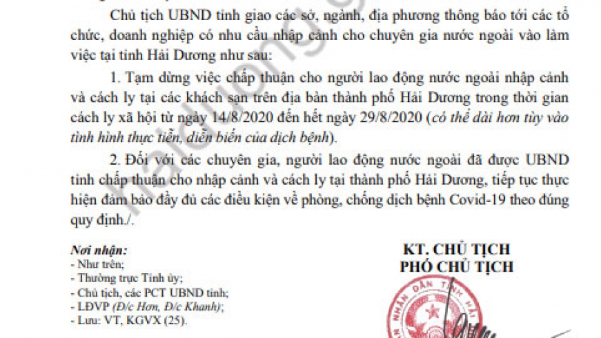 Hải Dương: Tạm dừng cho lao động nước ngoài nhập cảnh, cách ly tại khách sạn