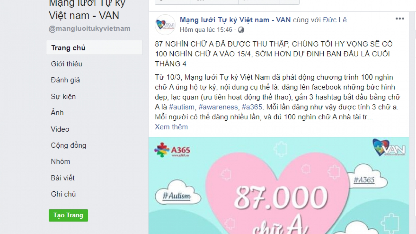 100.000 chữ A ủng hộ trẻ tự kỷ trên Facebook có ý nghĩa gì?
