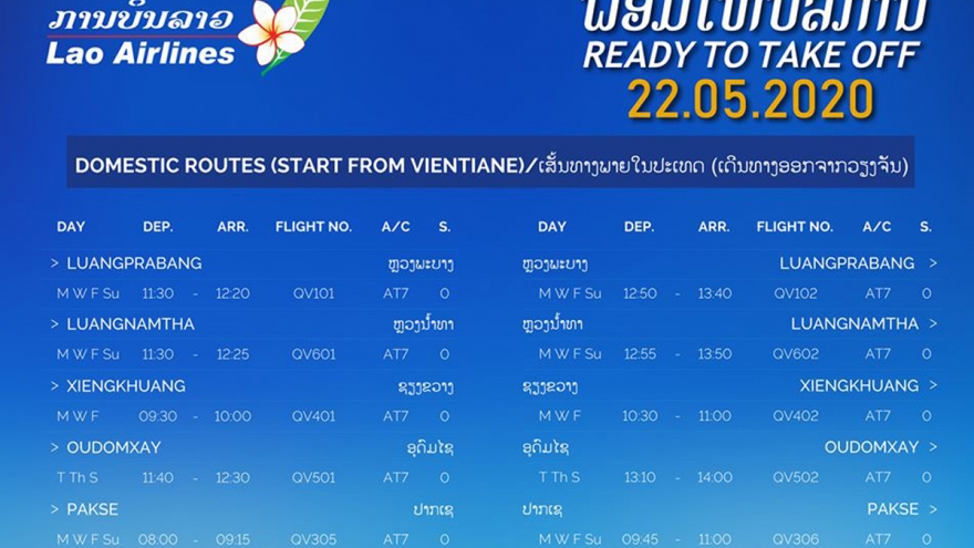 Hàng không Lào khai thác trở lại các chặng bay nội địa
