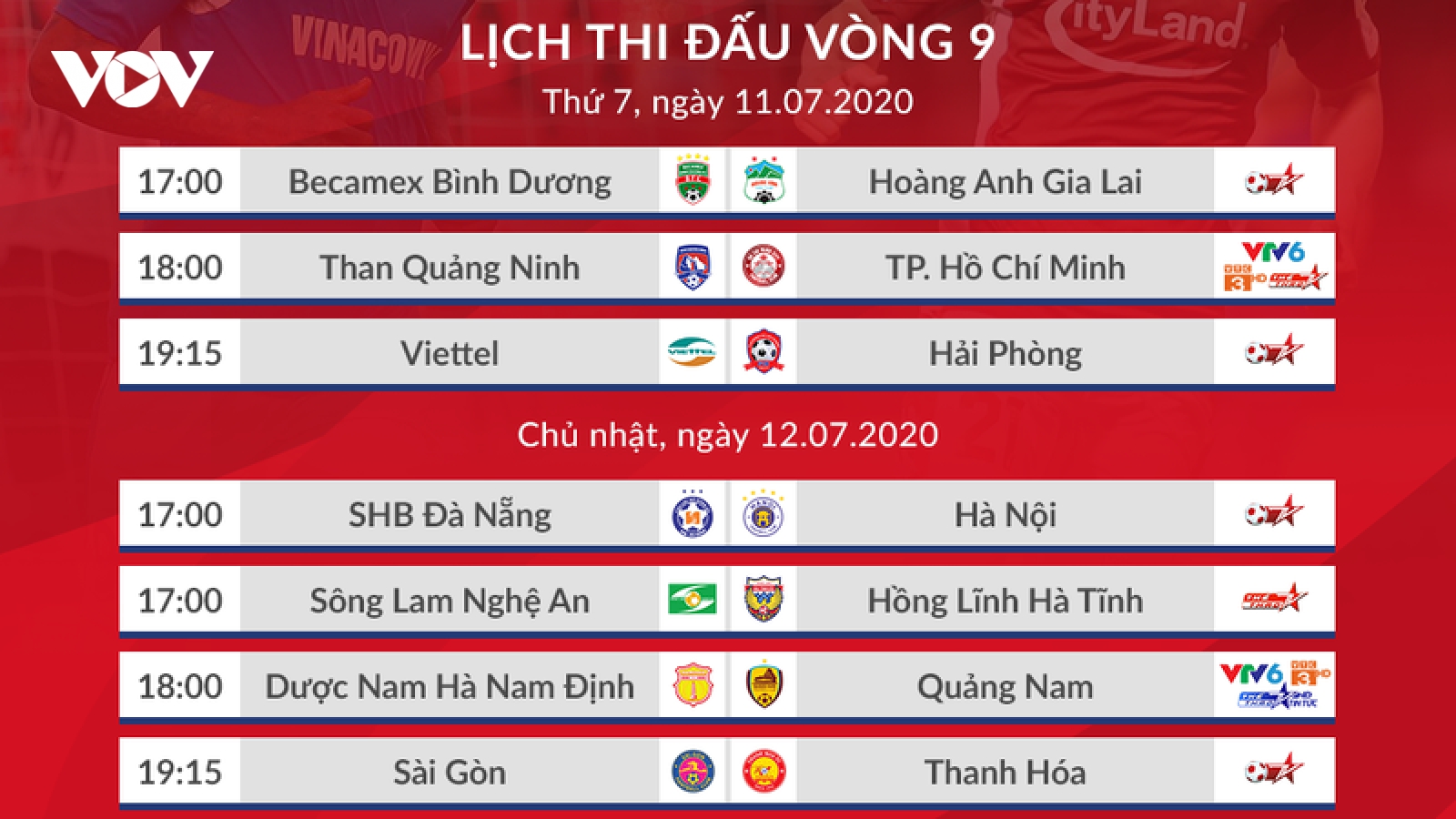 Lịch thi đấu V-League 2020 hôm nay (11/7): HAGL đấu Bình Dương