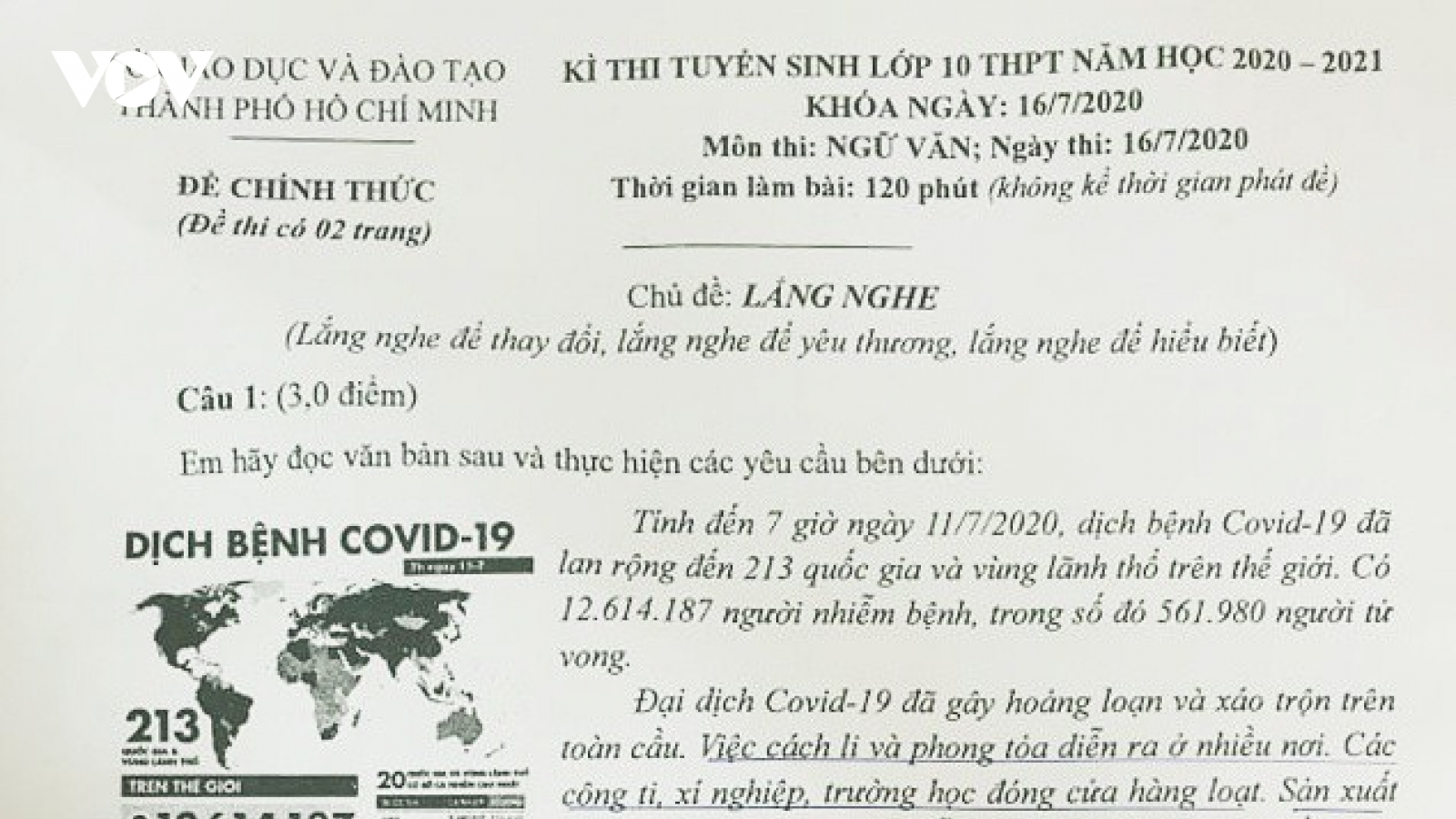 Dịch Covid-19 trong đề thi Ngữ văn thi vào lớp 10 ở TPHCM