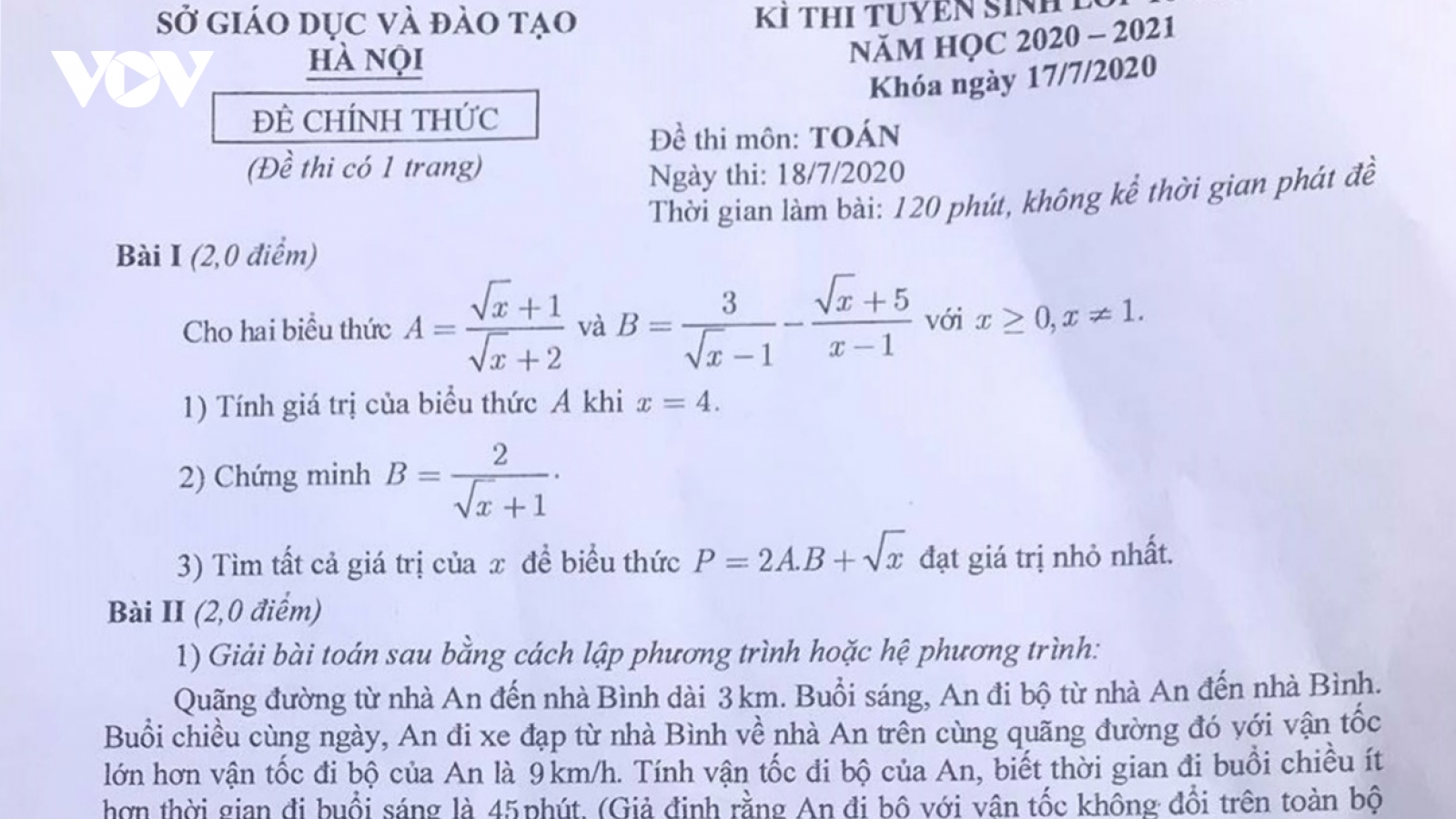 Đề thi Toán vào lớp 10 THPT tại Hà Nội
