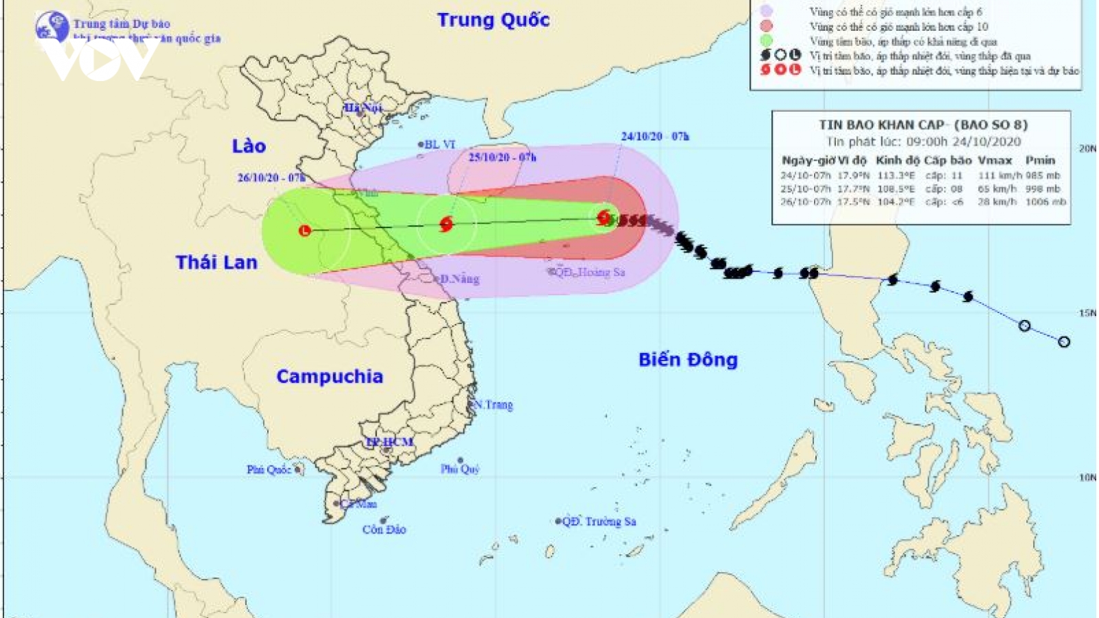 Sáng 25/10, bão số 8 sẽ vào vùng biển Hà Tĩnh đến Quảng Trị, giật cấp 10