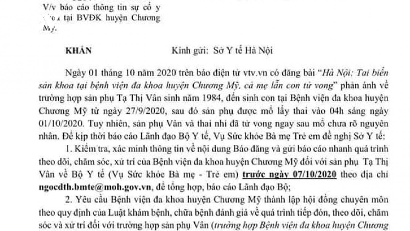 Bộ Y tế yêu cầu làm rõ vụ sản phụ và thai nhi tử vong ngay sau mổ ở Hà Nội