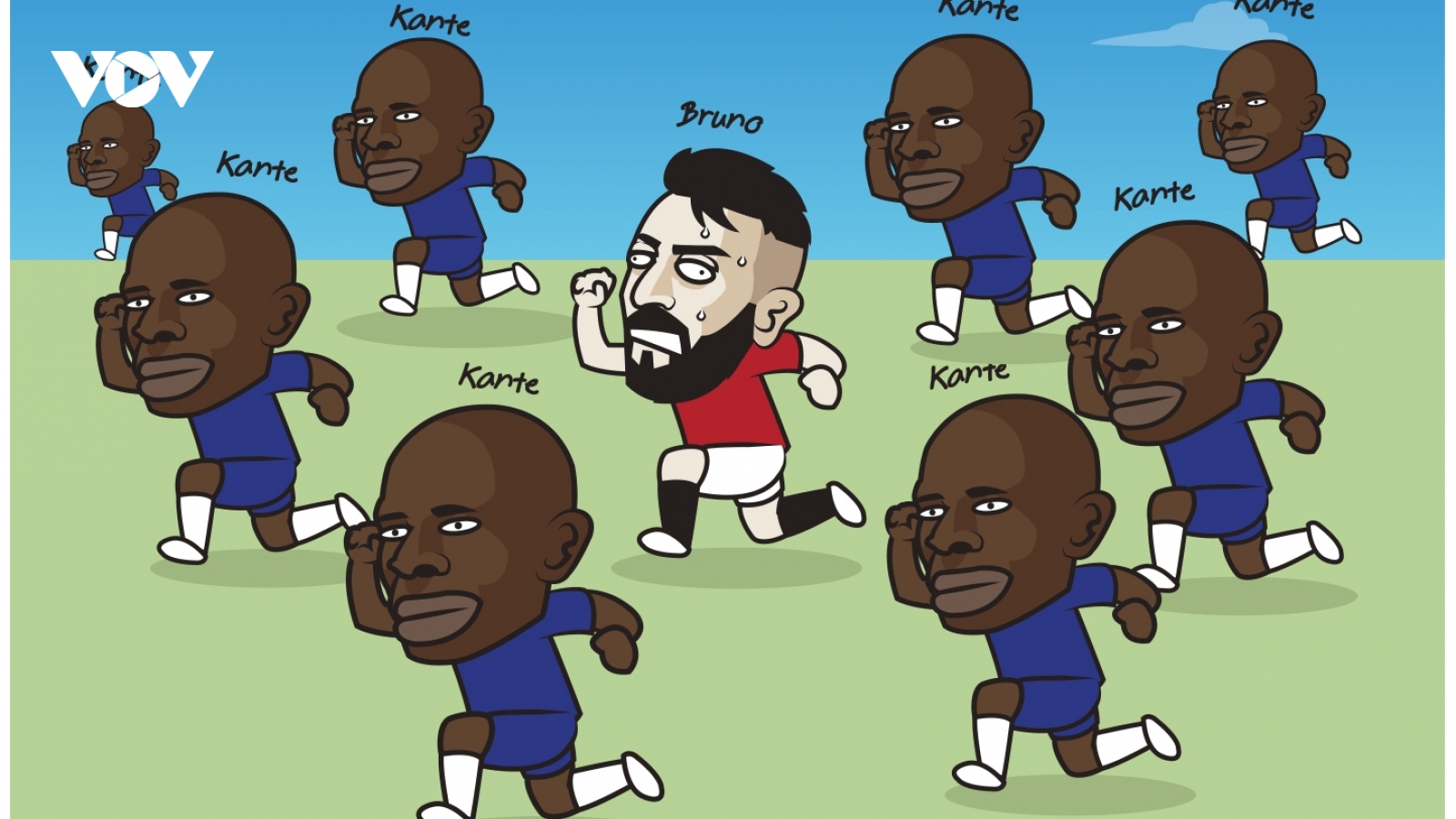 Biếm họa 24h: Bruno Fernandes chạy đâu cho thoát khỏi N'Golo Kante?