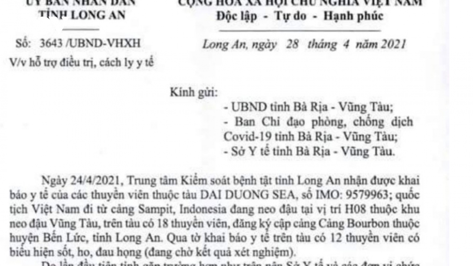 Vụ 12 thuyền viên nghi nhiễm Covid-19 Long An gửi công văn xin lỗi Bà Rịa – Vũng Tàu