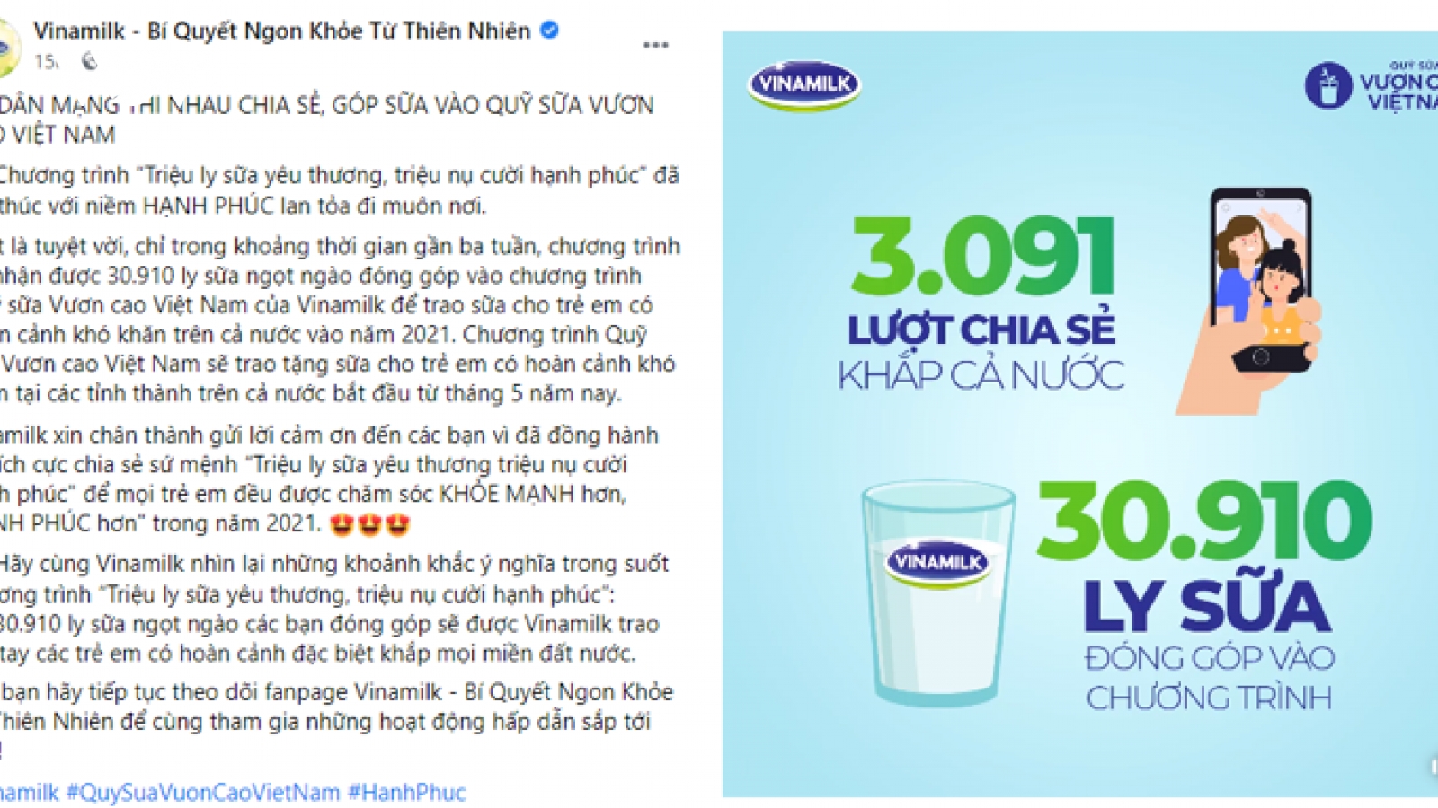 Quỹ sữa vươn cao Việt Nam 2021 của Vinamilk sẽ có thêm 31.000 ly sữa