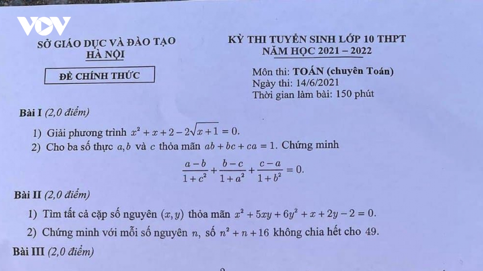 Đề thi Toán vào lớp 10 THPT chuyên của Hà Nội