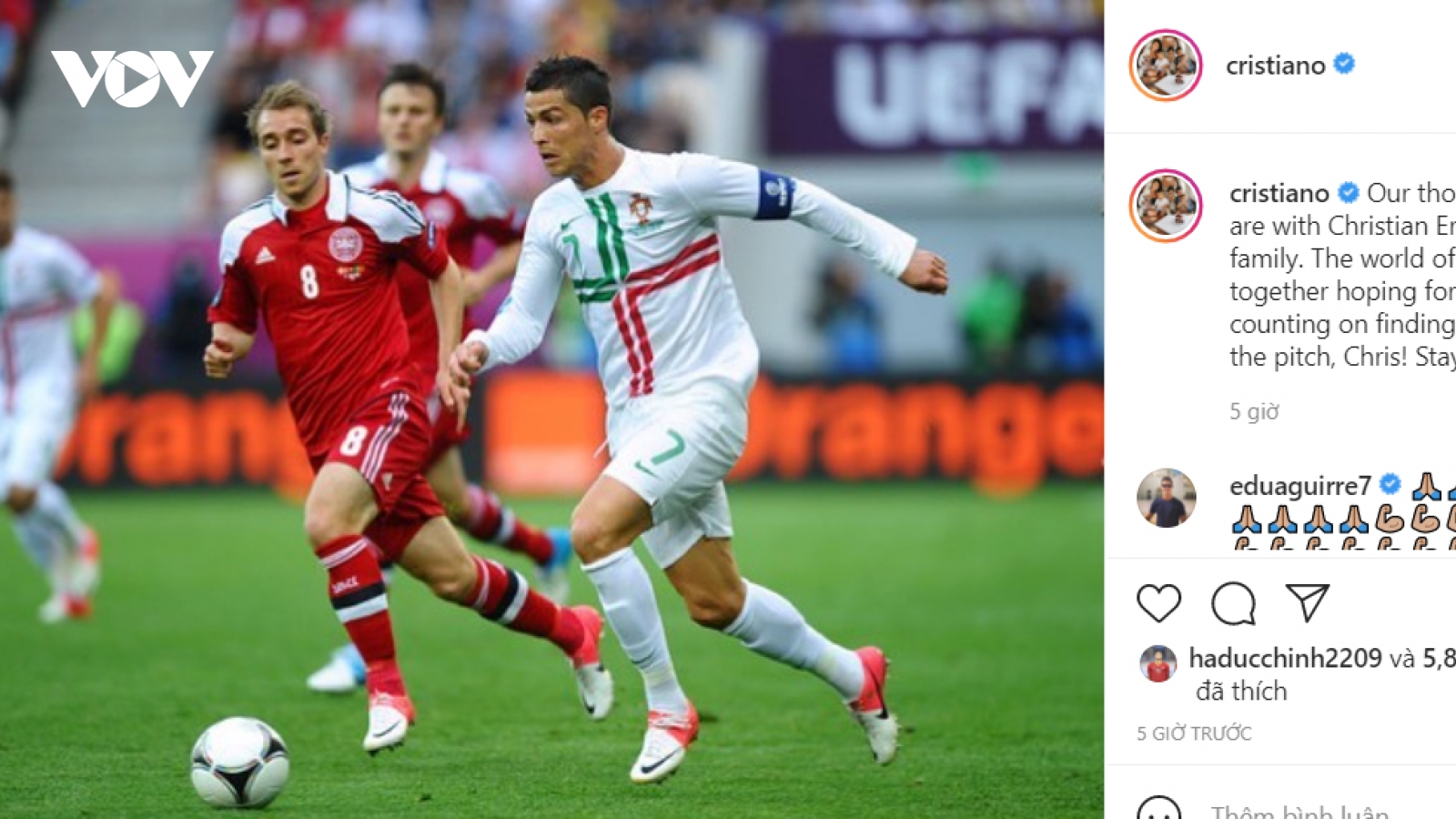 Ronaldo cầu nguyện cho Eriksen, mong đồng nghiệp sớm trở lại sân cỏ