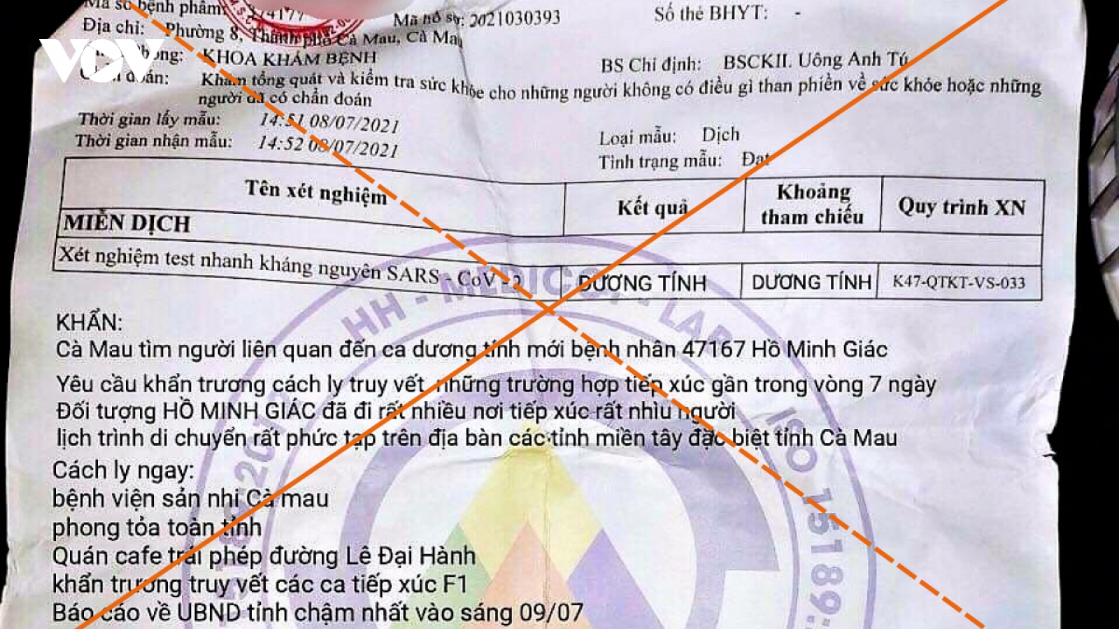 Phiếu xét nghiệm có nội dung “phong tỏa toàn tỉnh Cà Mau" là bịa đặt