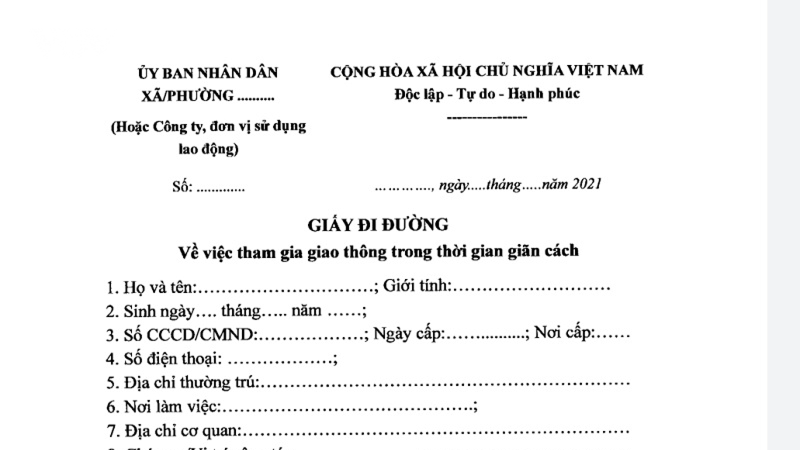 Hà Nội quy định mẫu giấy đi đường sử dụng trong thời gian giãn cách xã hội