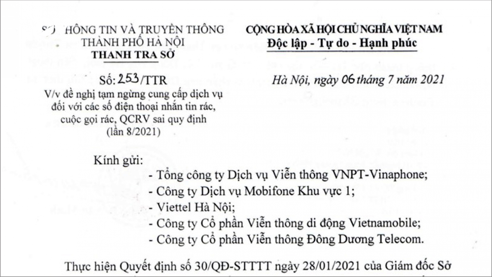 Hà Nội tiếp tục xử lý các thuê bao nhắn tin rác, quảng cáo rao vặt sai quy định