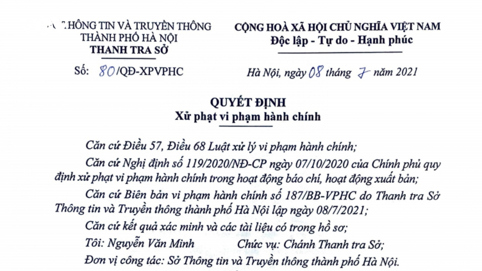 Sở Thông tin và Truyền thông Hà Nội xử phạt 1 trang tin điện tử 75 triệu đồng