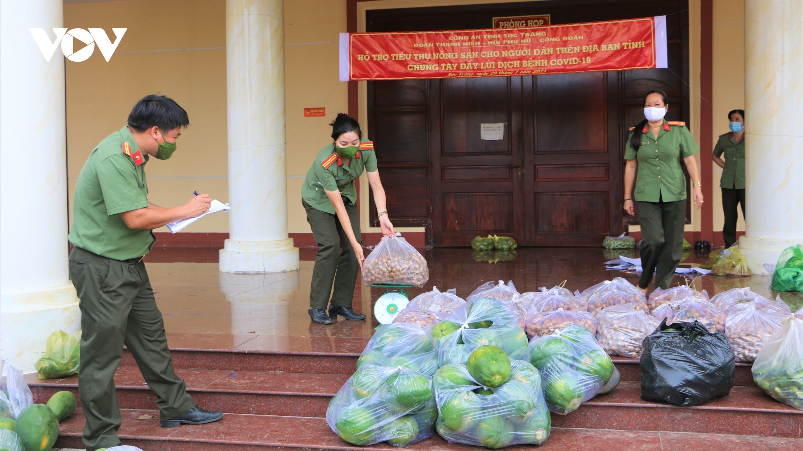 Cán bộ, chiến sĩ tham gia cùng người dân thu hoạch, hỗ trợ tiêu thụ nông sản