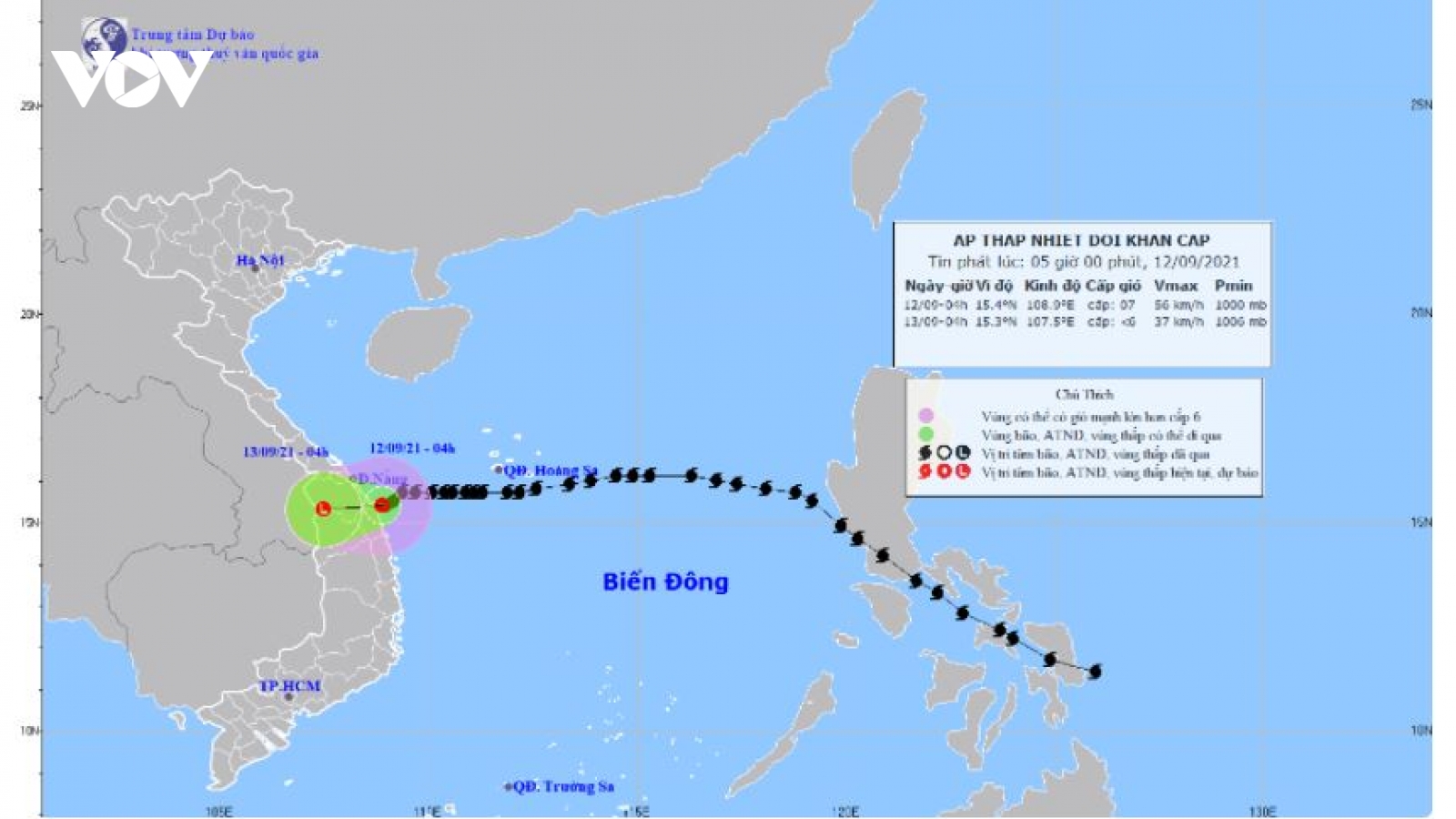 Áp thấp nhiệt đới suy yếu từ cơn bão số 5 đang ở vùng biển từ Đà Nẵng đến Bình Định