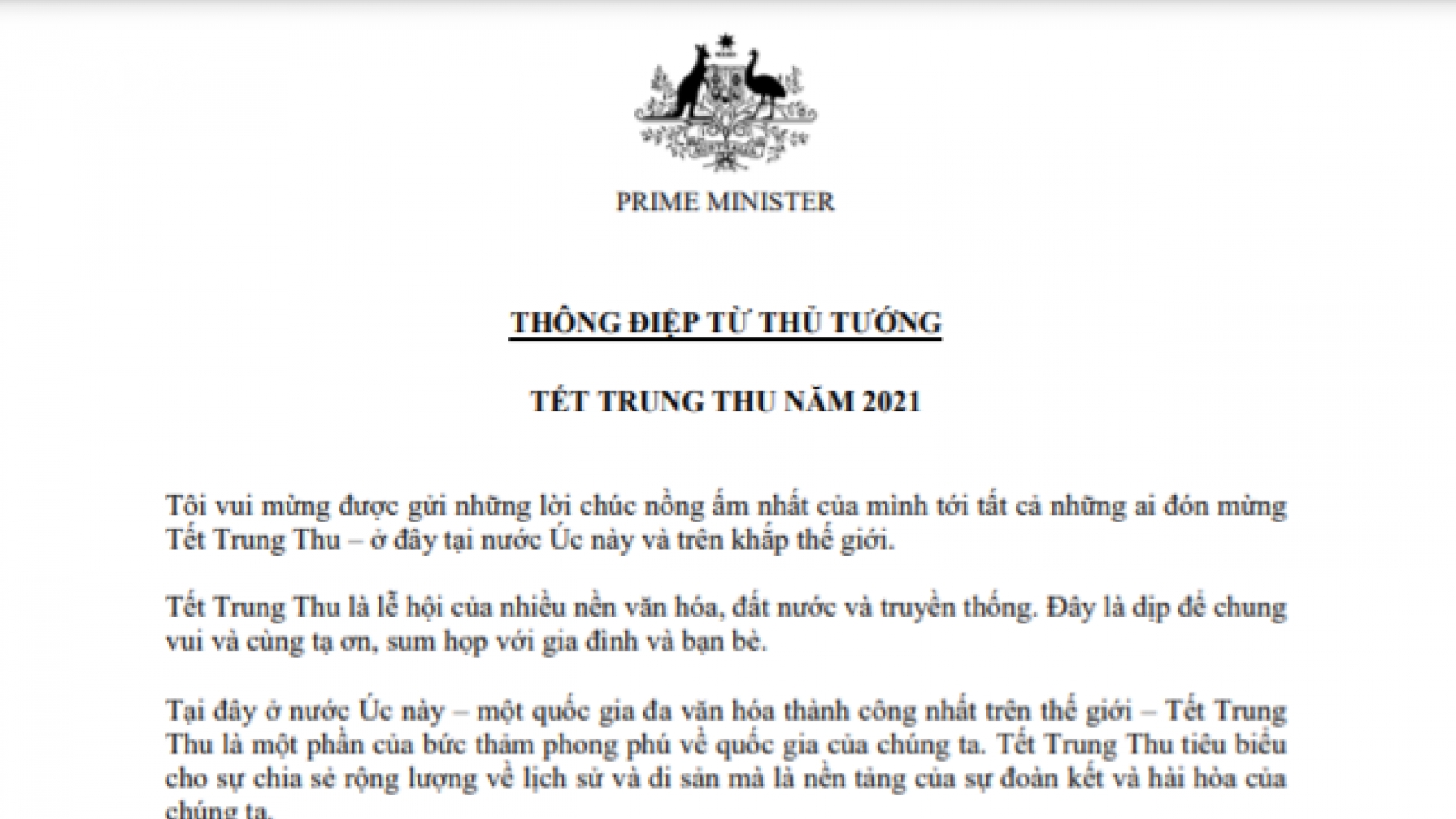 Thủ tướng Australia gửi thông điệp chúc Tết Trung thu bằng tiếng Việt
