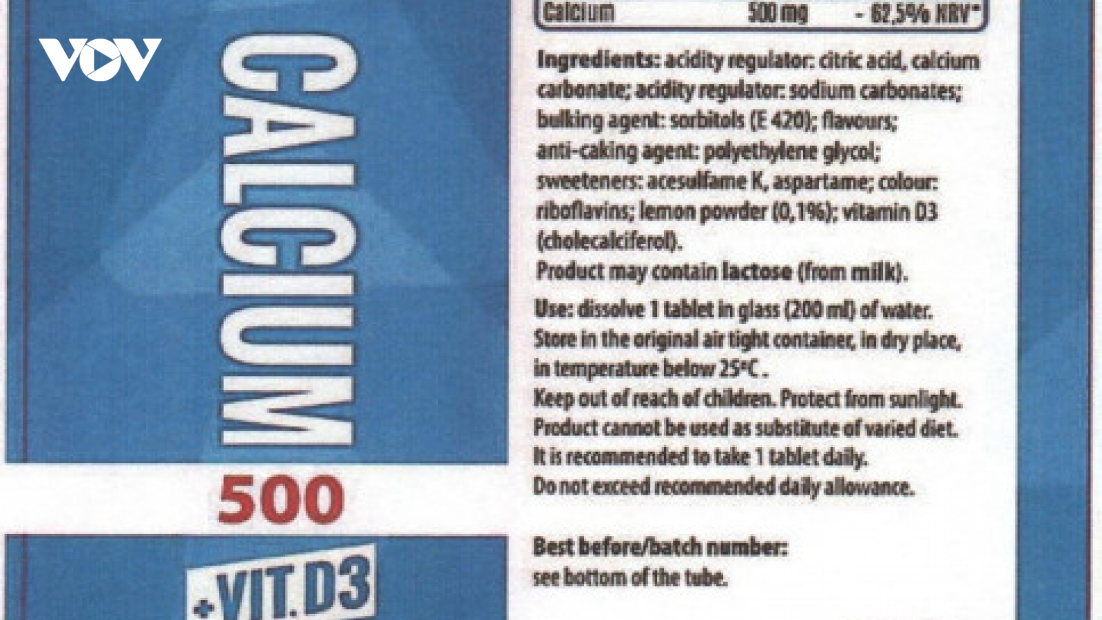 Thu hồi toàn bộ Thực phẩm bảo vệ sức khỏe CALCIUM 500 + VIT. D3