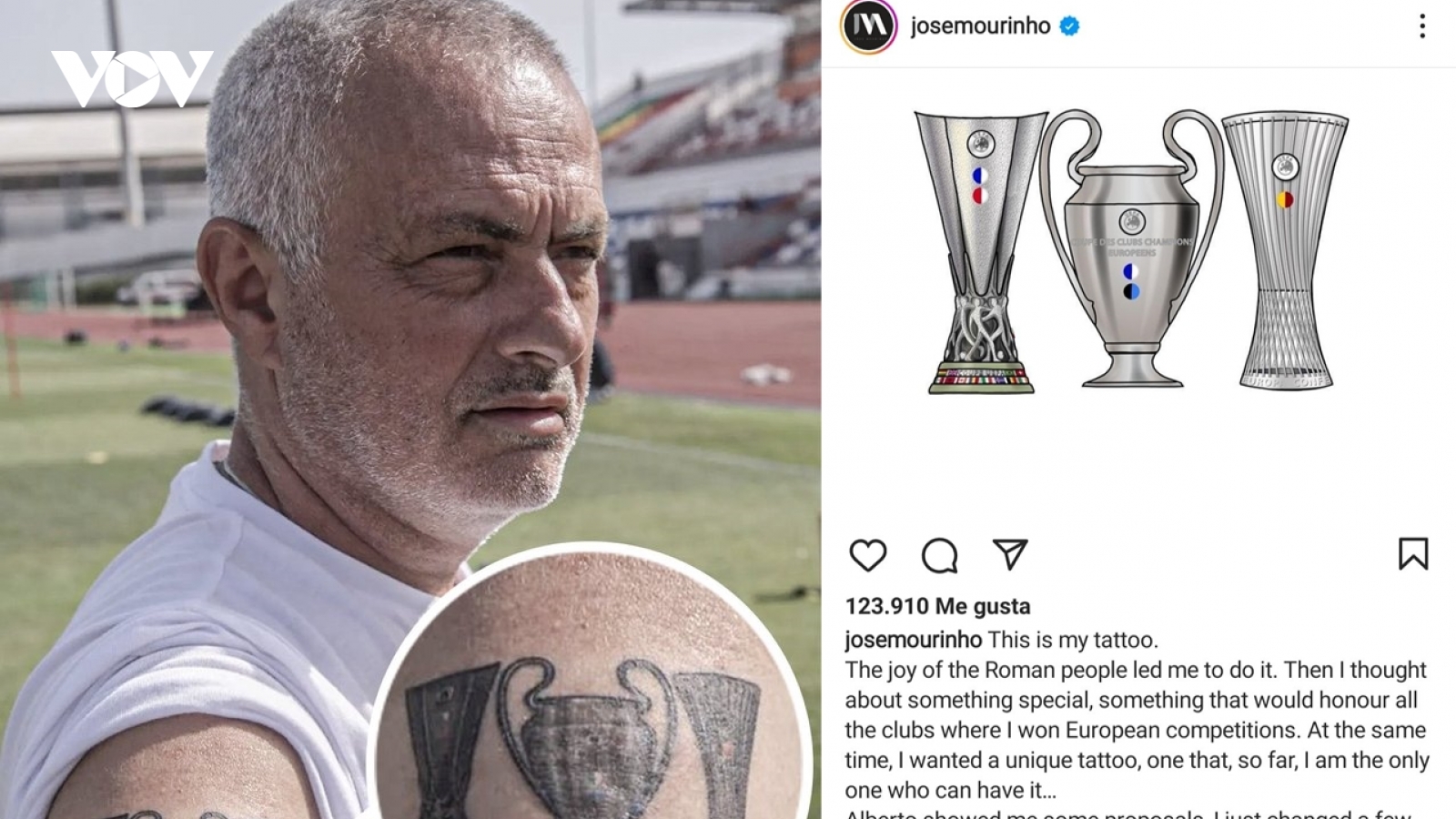 Mourinho kỷ niệm chiến tích vô địch 3 cúp châu Âu bằng hình xăm đặc biệt